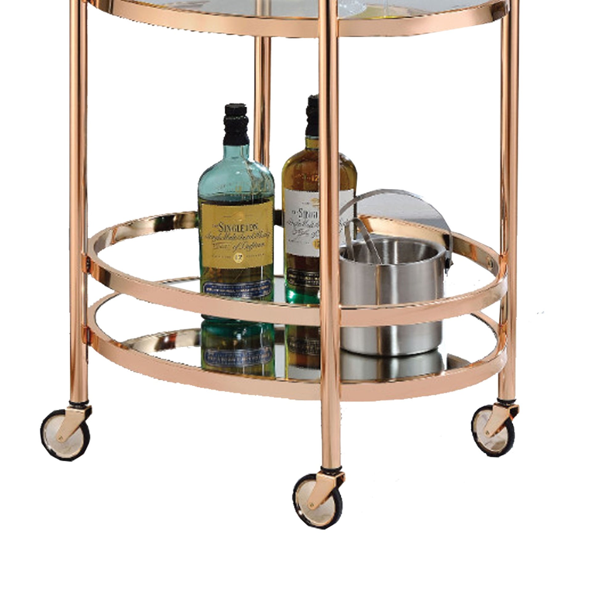 27 Inch Oval Shaped Metal Serving Cart With 2 Shelves, Gold  By Benzara | Bar Carts |  Modishstore  - 2