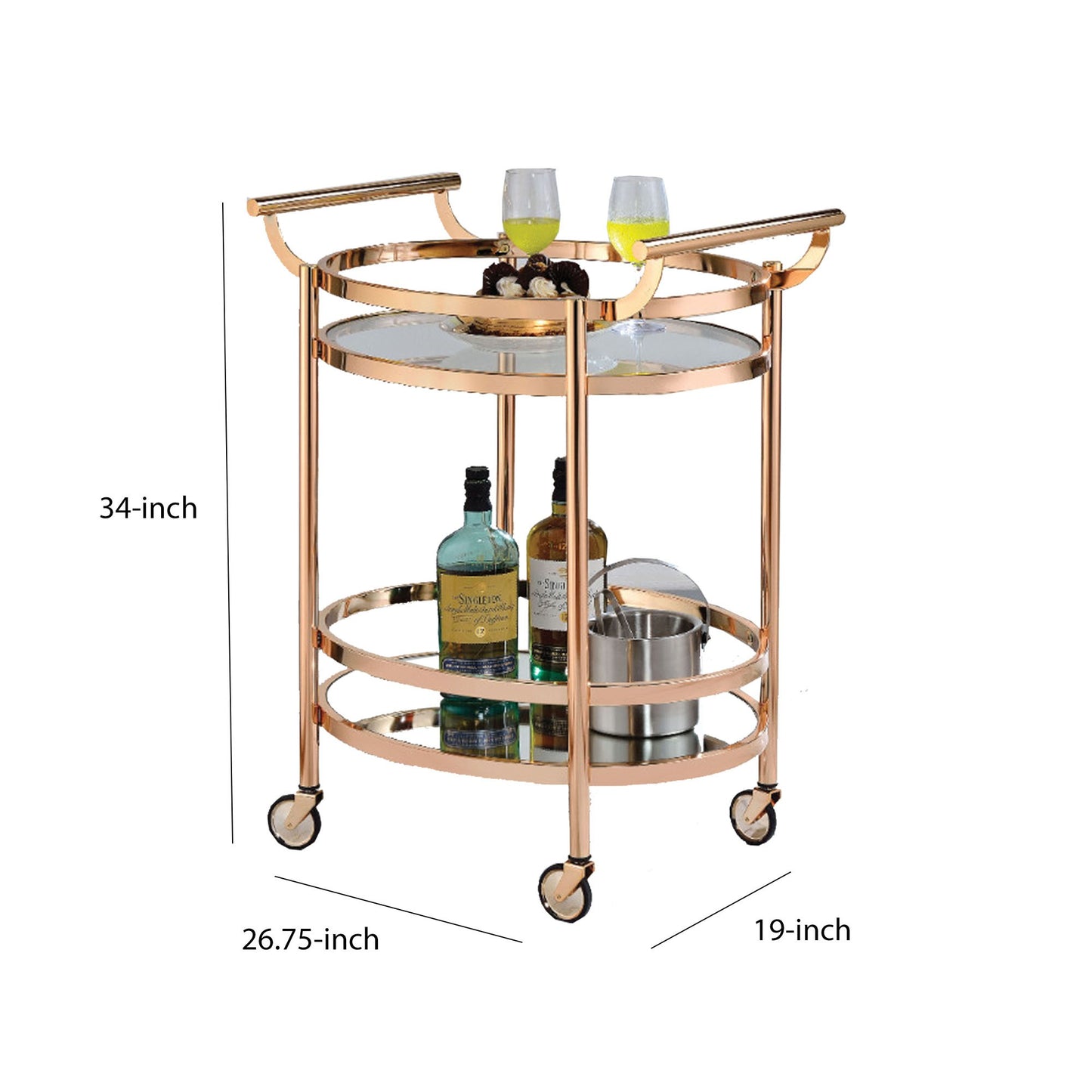 27 Inch Oval Shaped Metal Serving Cart With 2 Shelves, Gold By Benzara | Bar Carts | Modishstore - 5