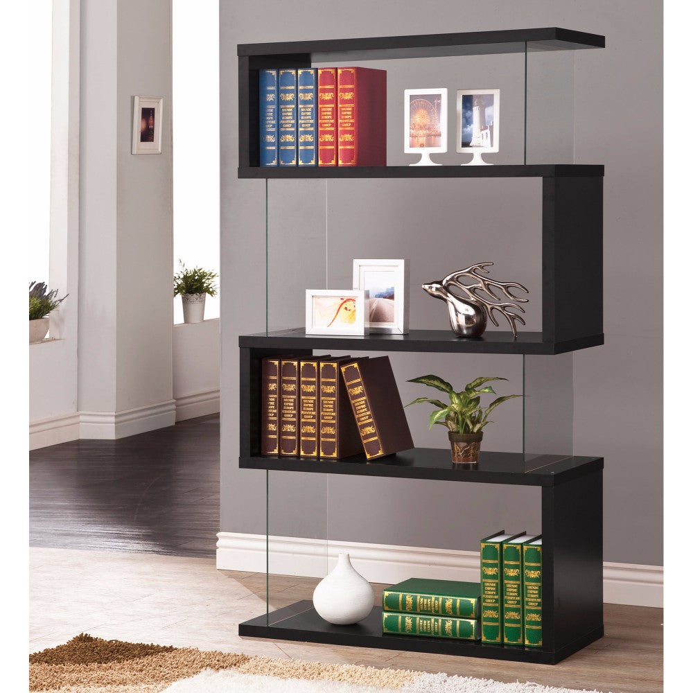 Asymmetrical Snaking Wooden Bookcase, Black By Benzara | Bookcases | Modishstore