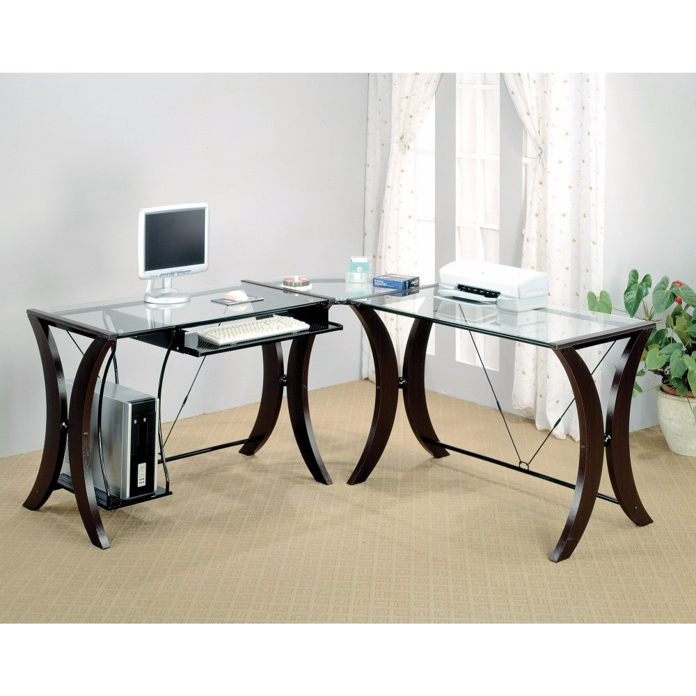 Sophisticated 3 Piece Desk Set With Glass Top, Clear And Brown By Benzara | Desks | Modishstore
