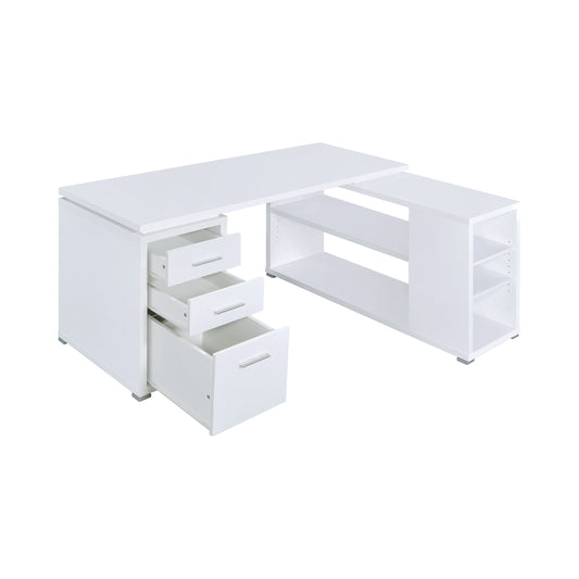 Contemporary L Shaped Office Desk With 3 Drawers And Shelves, White By Benzara | Desks |  Modishstore 