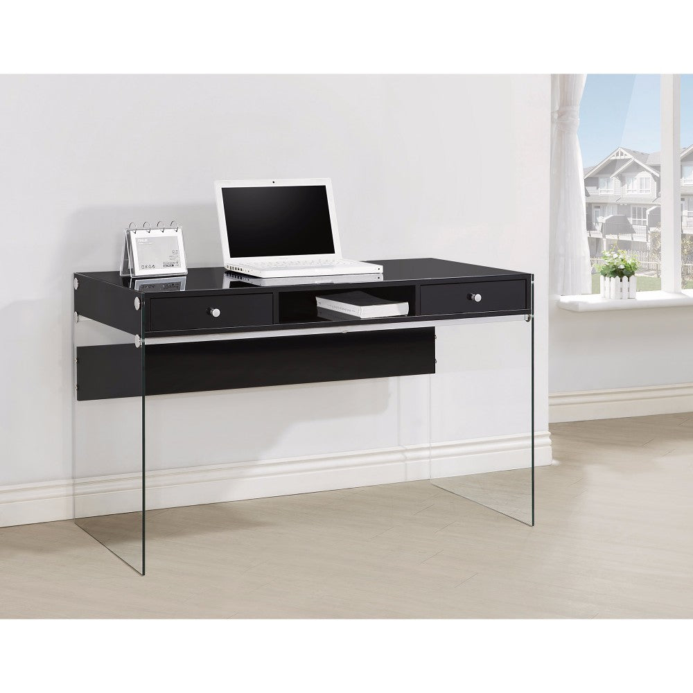 Elegant Metal Writing Desk With Glass Sides, Clear And Black By Benzara | Desks | Modishstore