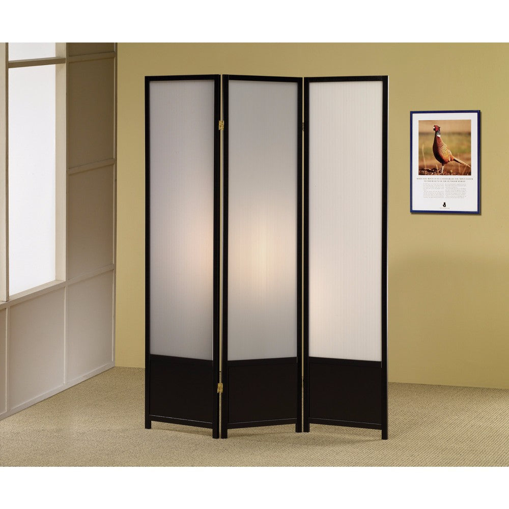 Three Panel Folding Screen With Translucent Inserts, Black By Benzara | Room Divider | Modishstore
