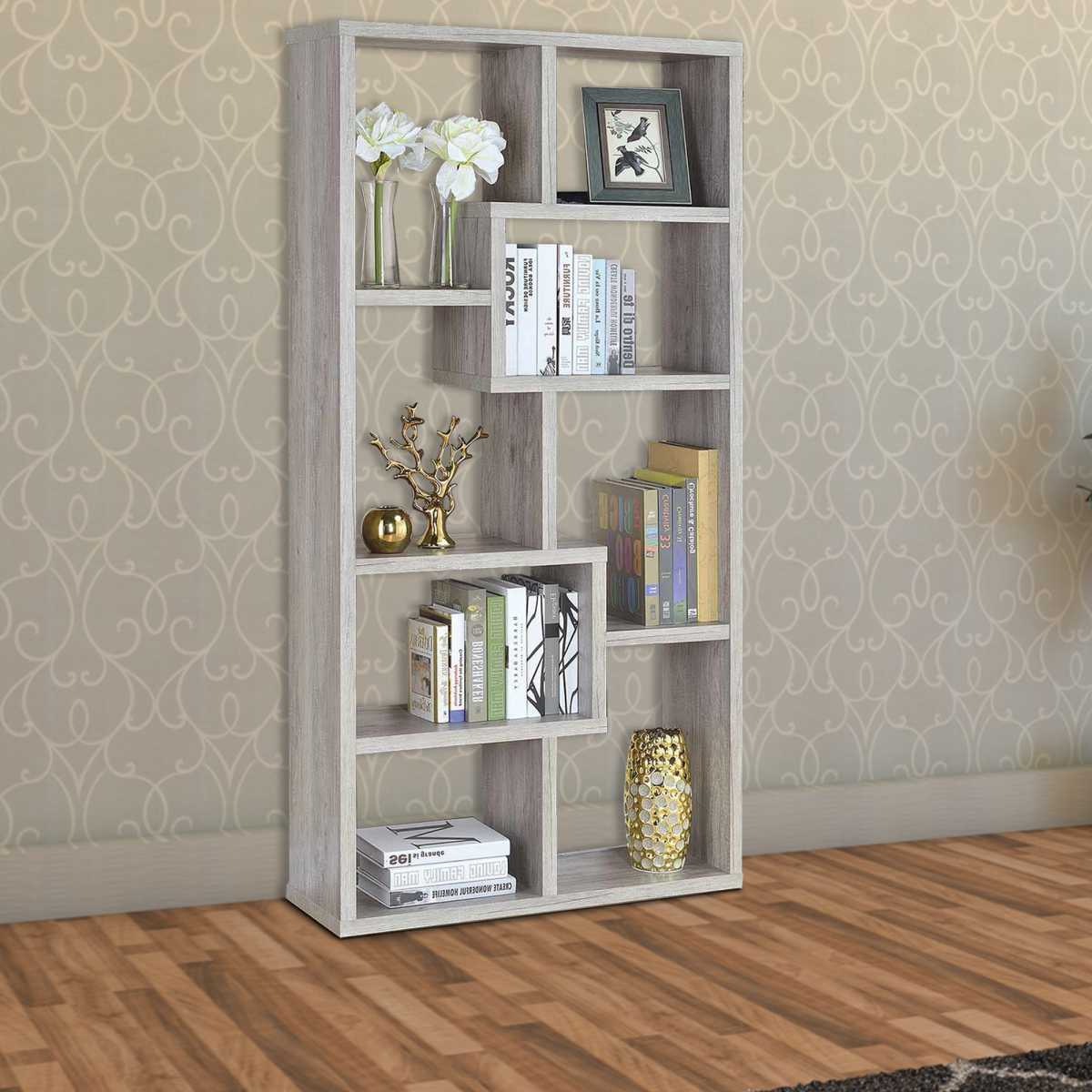Modish Wooden Bookcase With Multiple Shelves, Gray By Benzara | Bookcases | Modishstore