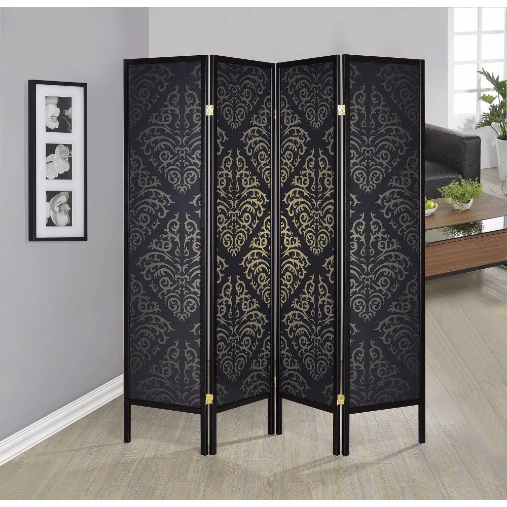 Captivating Four Panel Folding Screen With Damask Print, Black By Benzara | Room Divider | Modishstore