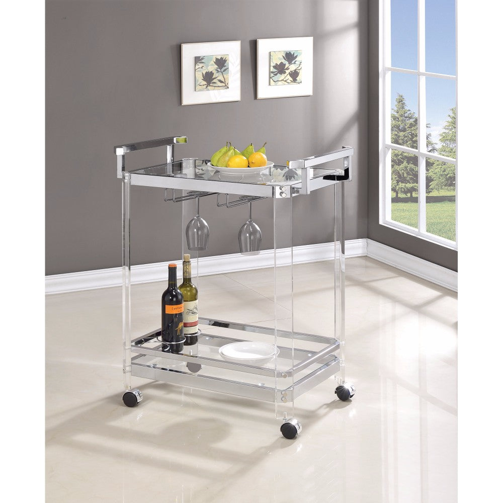 Stylish Metal Base Serving Cart With Glass Top, Clear By Benzara | Bar Carts | Modishstore