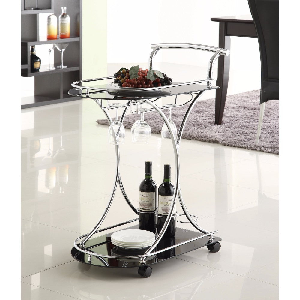 Dazzling Serving Cart With 2 Black Glass Shelves, Silver By Benzara | Bar Carts | Modishstore
