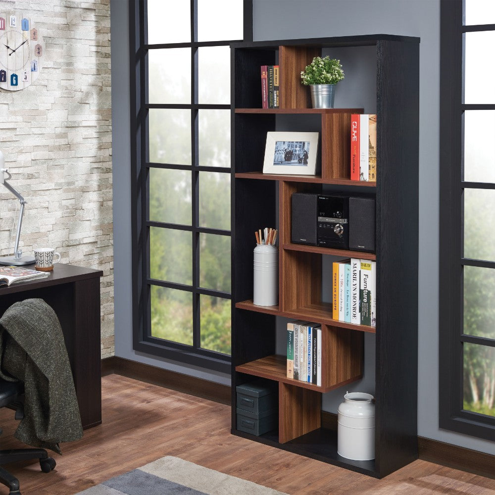 Wooden Rectangular Cube Bookcase, Natural Brown & Black By Benzara | Bookcases | Modishstore
