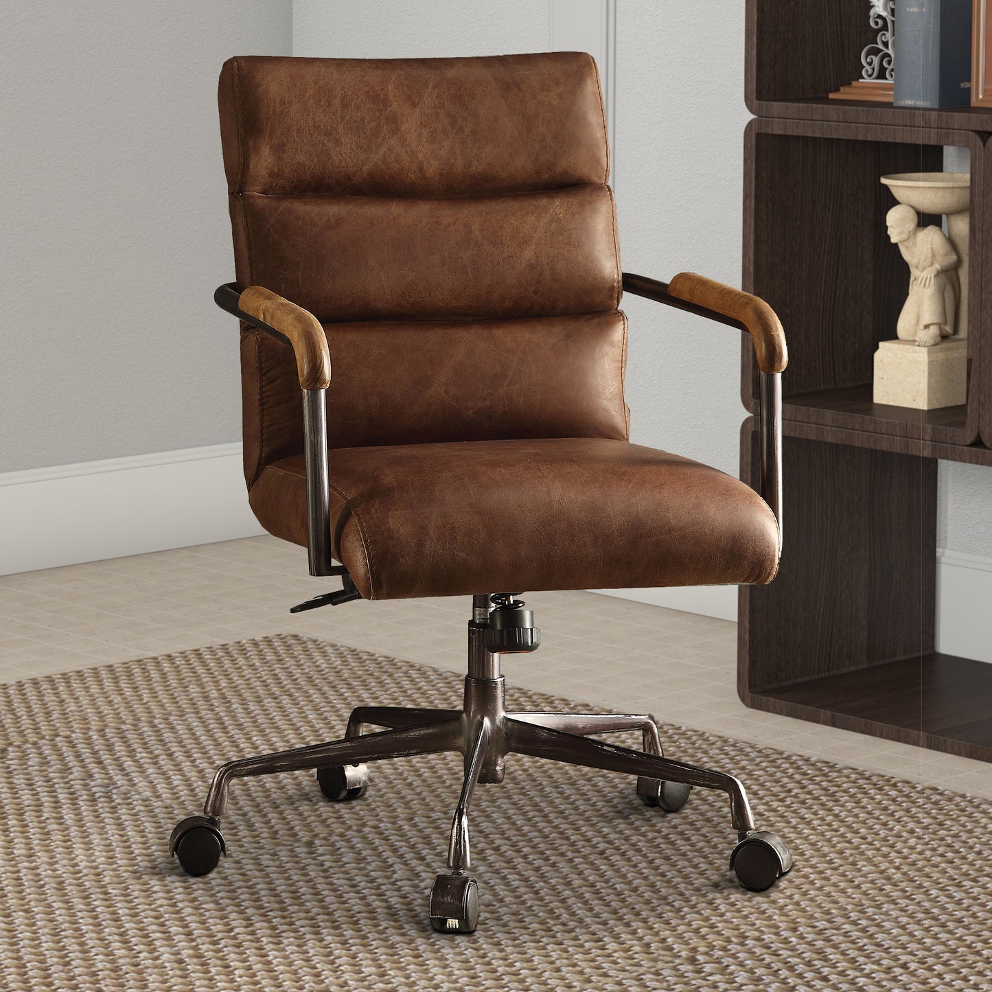 Metal & Top Grain Leather Executive Office Chair, Retro Brown By Benzara | Office Chairs | Modishstore - 6