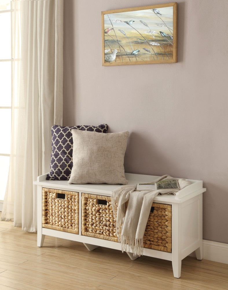 Rectangular Wooden Bench With Three Storage Baskets, White And Beige By Benzara | Benches | Modishstore