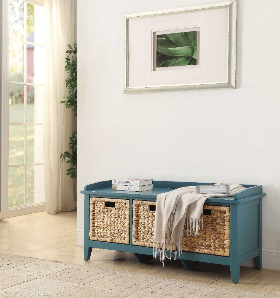 Rectangular Wooden Storage Bench With Rattan Like Weaved 3 Drawers, Blue By Benzara | Benches | Modishstore