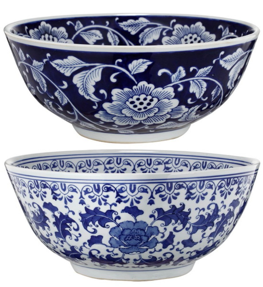 Round Ceramic Bowl With Floral Print, Set Of 2, Blue And White, By Benzara | Decorative Bowls | Modishstore