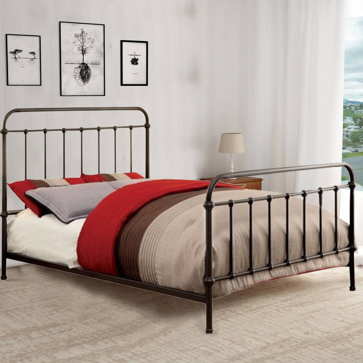 Metal Queen Size Platform Bed With Headboard & Footboard, Deep Bronze By Benzara | Beds | Modishstore - 7