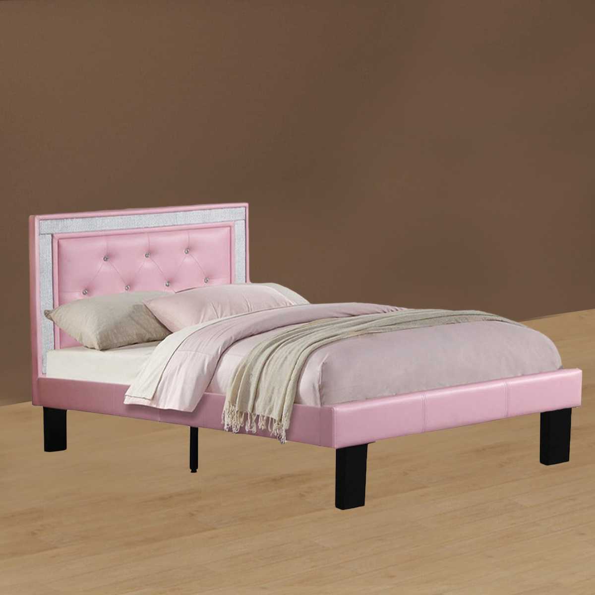 Wooden Full Bed With Pink Pu Tufted Head Board, Pink Finish By Benzara | Beds | Modishstore