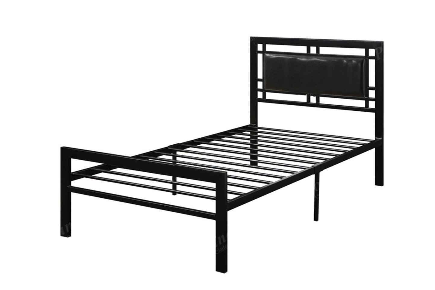 Metal Frame Twin Bed With Leather Upholstered Headboard, Black By Benzara | Beds | Modishstore
