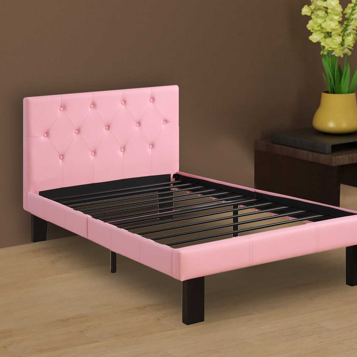 Faux Leather Upholstered Full Size Bed With Tufted Headboard, Pink By Benzara | Beds | Modishstore