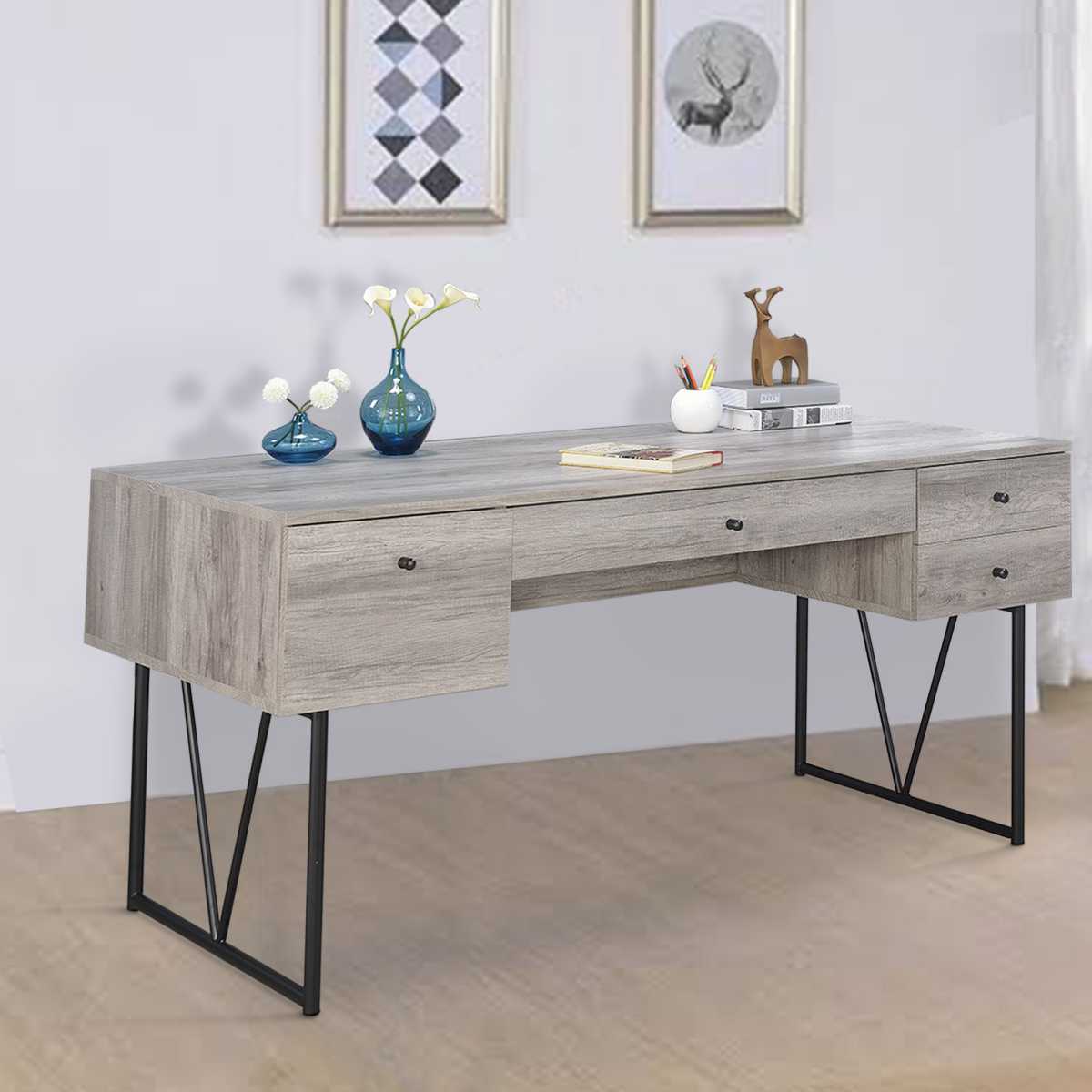 Writing Desk-4 Drawer, Driftwood Gray  By Benzara | Desks |  Modishstore  - 2