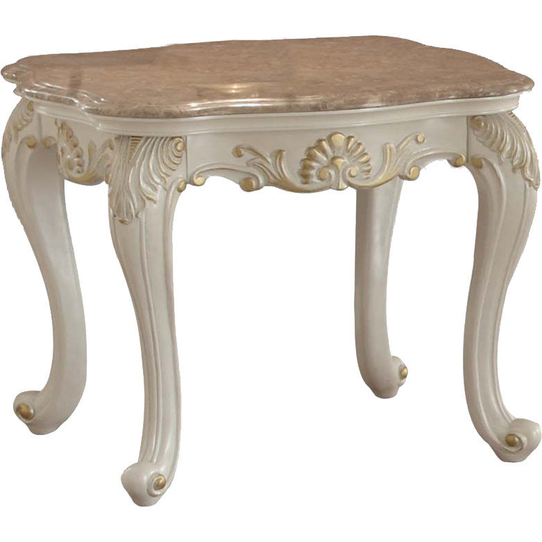 Wooden End Table With Marble Top, Pearl White By Benzara | Side Tables | Modishstore