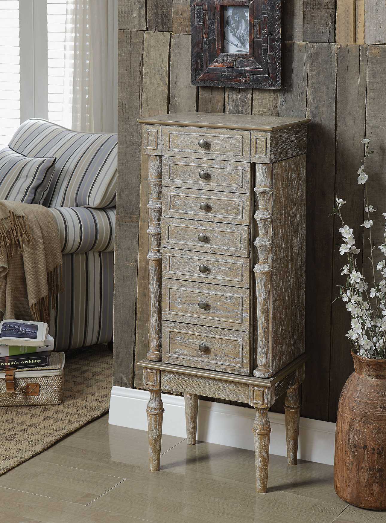 Lift Top Wooden Jewelry Armoire With 6 Drawers, Distressed Brown By Benzara | Drawers | Modishstore