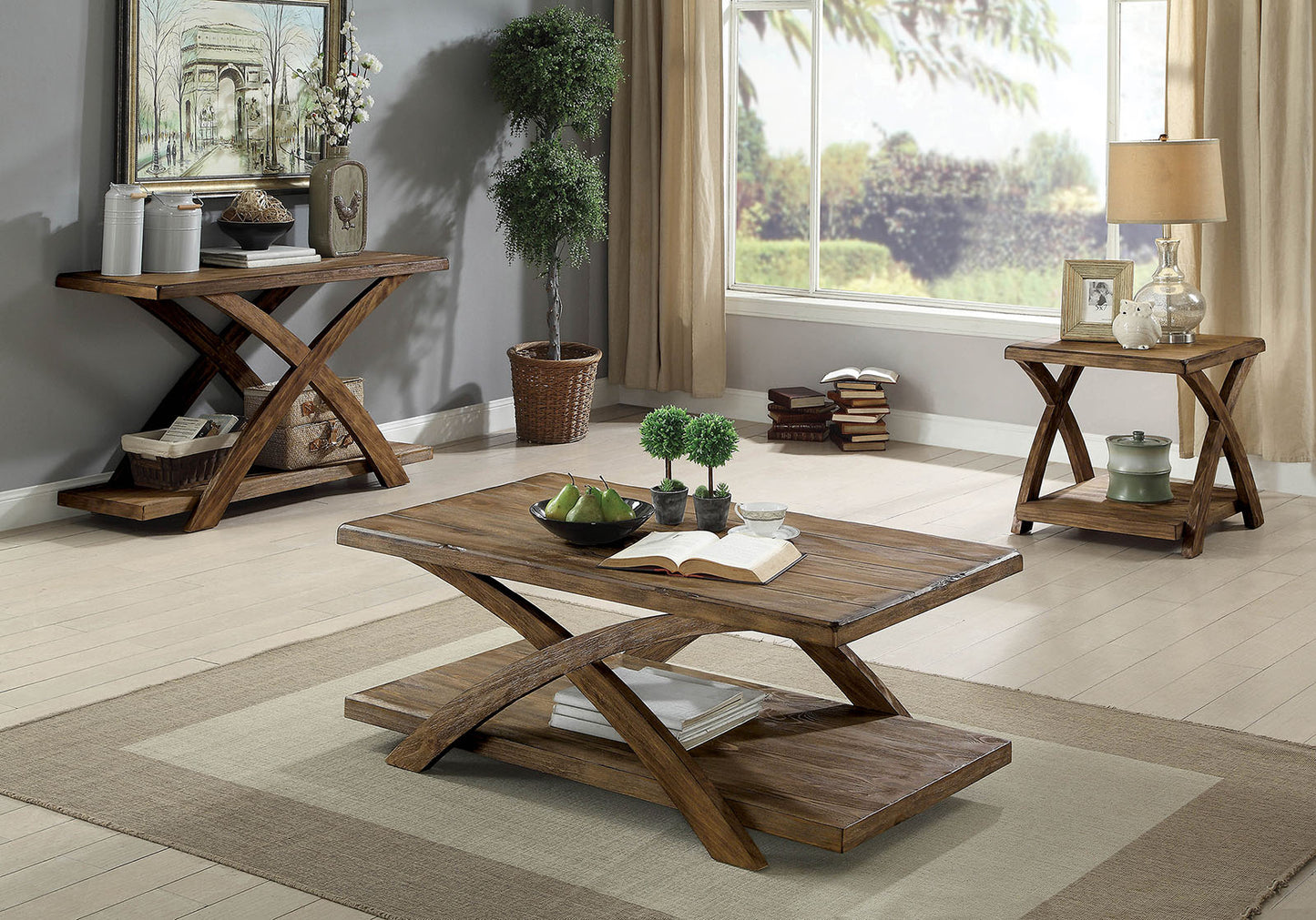 Transitional Style Wooden 3 Piece Table Set With X Shaped Table Base, Light Oak By Benzara | Accent Tables | Modishstore