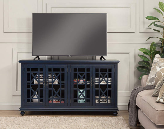 Wooden Tv Stand With Trellis Detailed Doors, Blue By Benzara | TV Stands |  Modishstore 