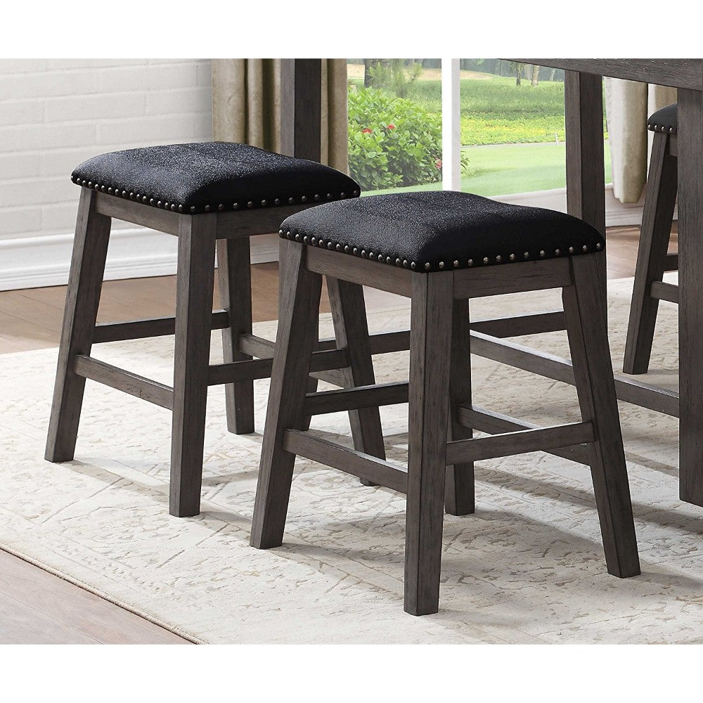 Wood & Leather Counter Height Stool With Nail Head Trim, Set Of 2, Black & Gray By Benzara | Stools | Modishstore - 3