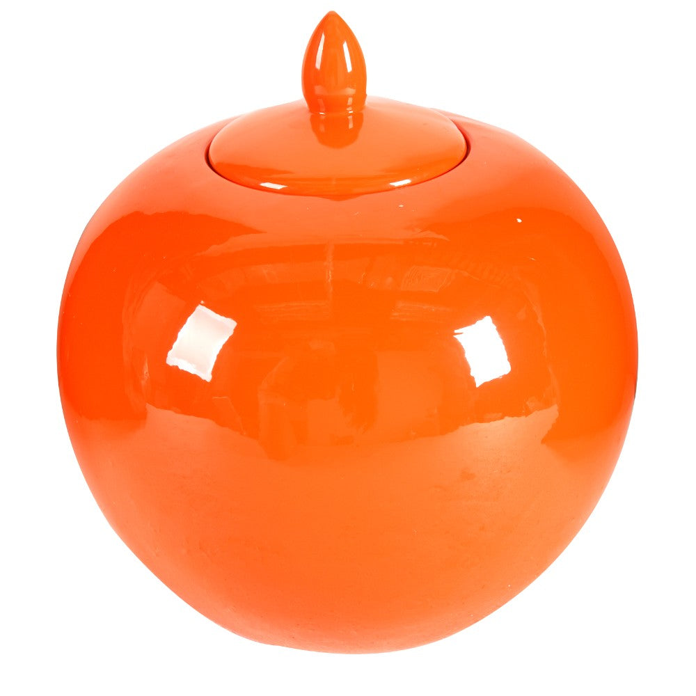 Round Ceramic Lidded Bellied Jar, Orange By Benzara | Decor | Modishstore