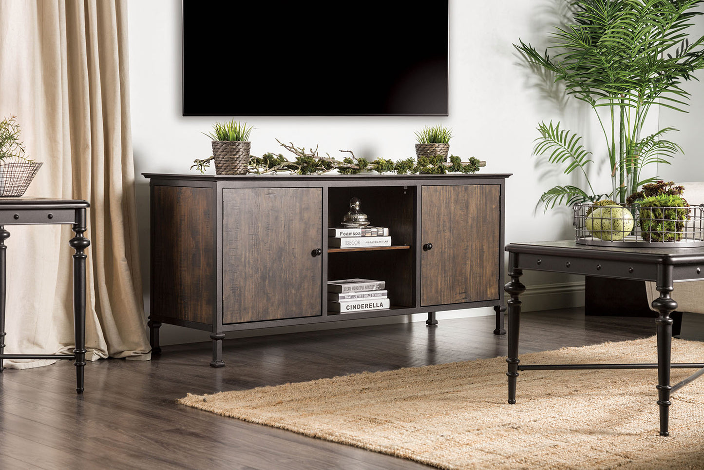 60" Wooden And Metal Frame Tv Stand With 2 Open Shelves, Brown By Benzara | TV Stands | Modishstore - 4