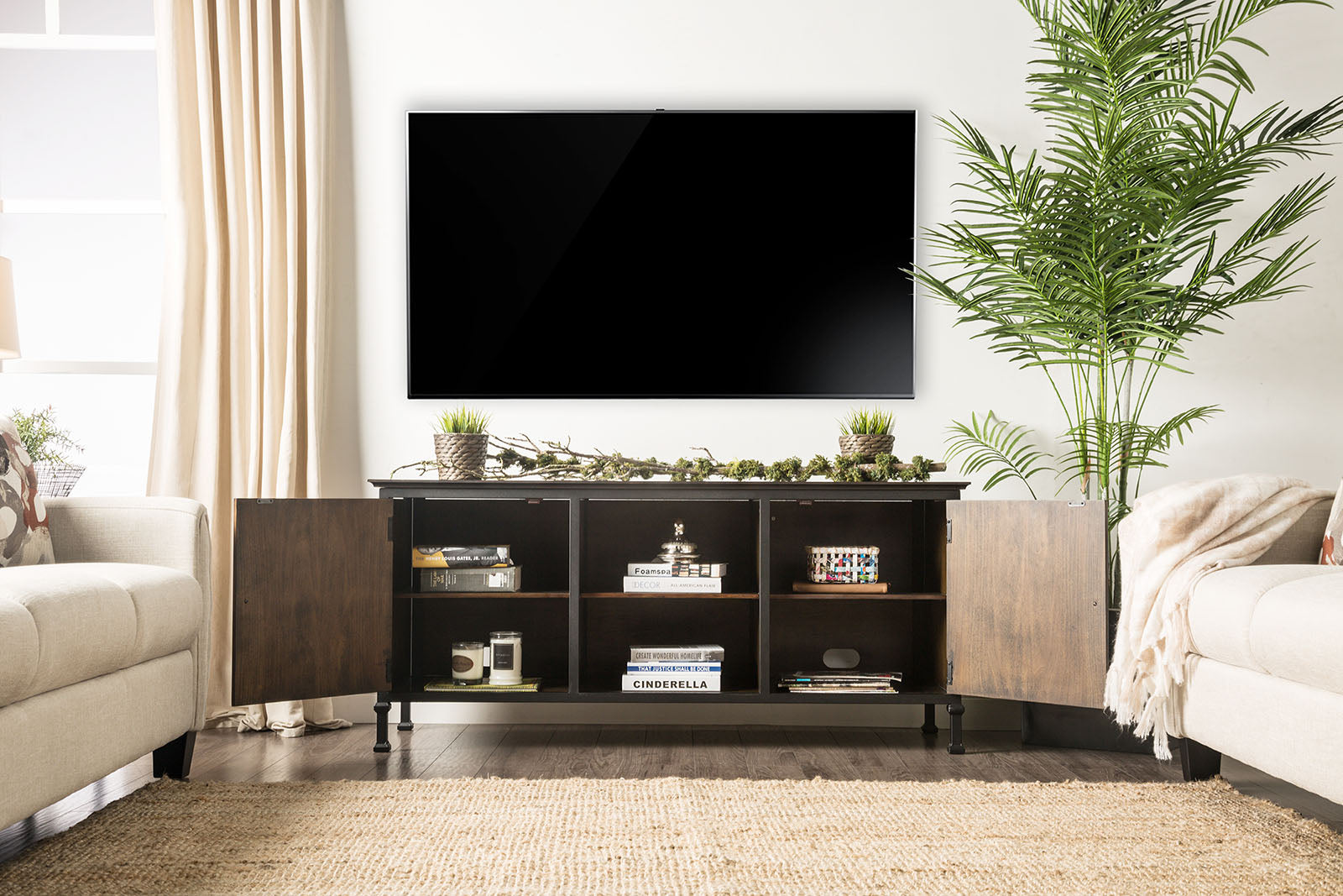 60" Wooden And Metal Frame Tv Stand With 2 Open Shelves, Brown  By Benzara | TV Stands |  Modishstore  - 2