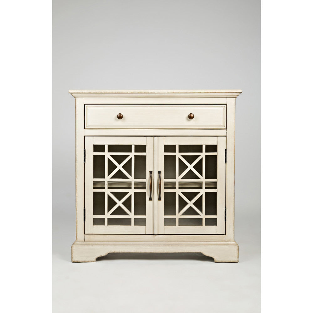 Craftman Series 32 Inch Wooden Accent Cabinet With Fretwork Glass Front, Cream By Benzara | Cabinets | Modishstore - 8
