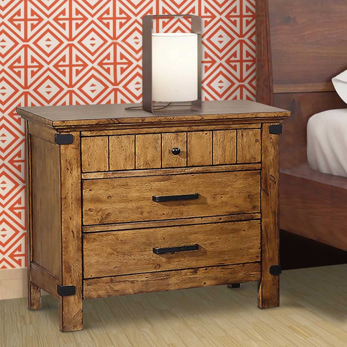 Wooden Nightstand With 3 Drawers, Warm Honey Brown By Benzara | Nightstands | Modishstore