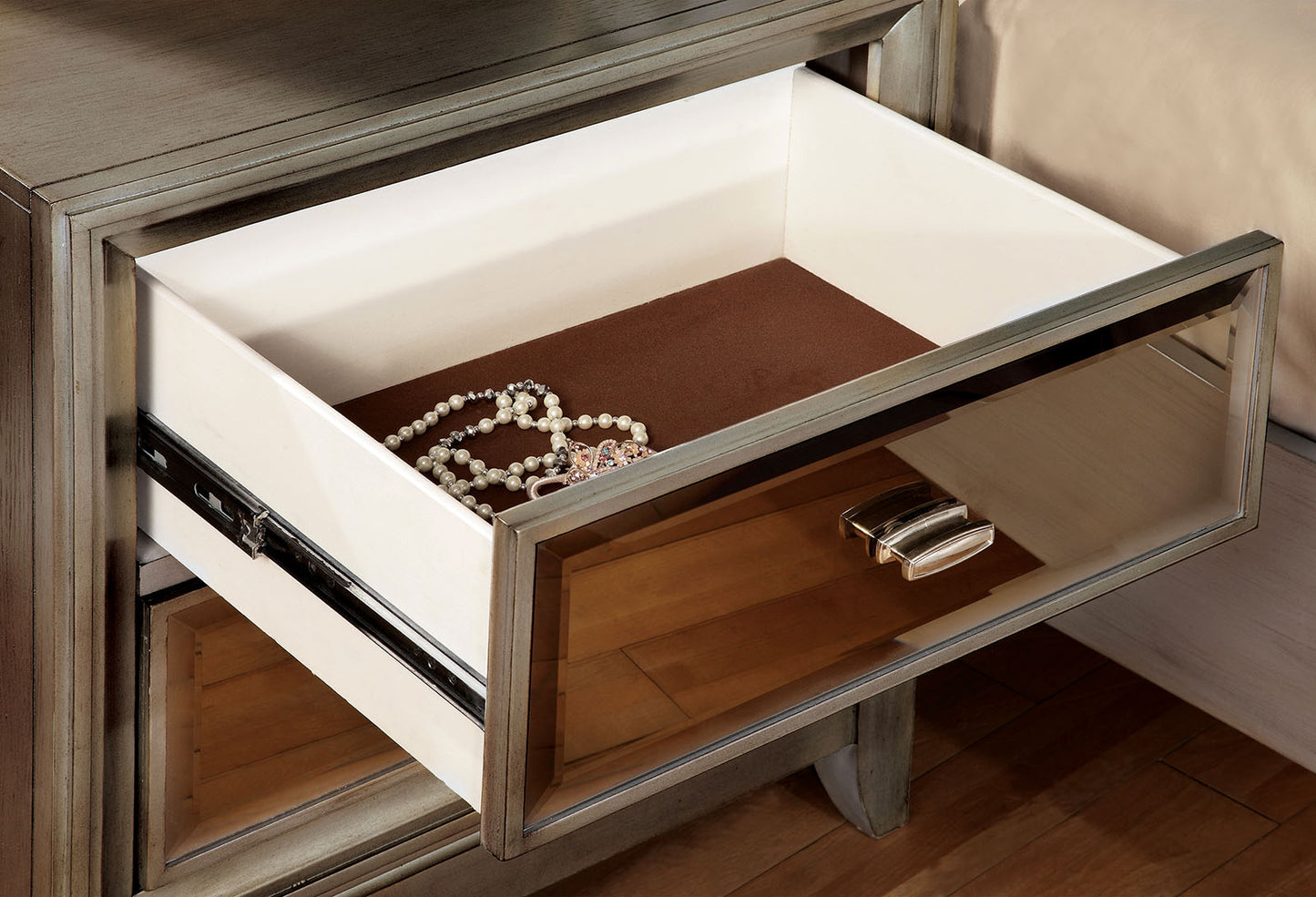 Contemporary Solid Wood Night Stand With Drawers, Silver By Benzara | Nightstands | Modishstore - 3