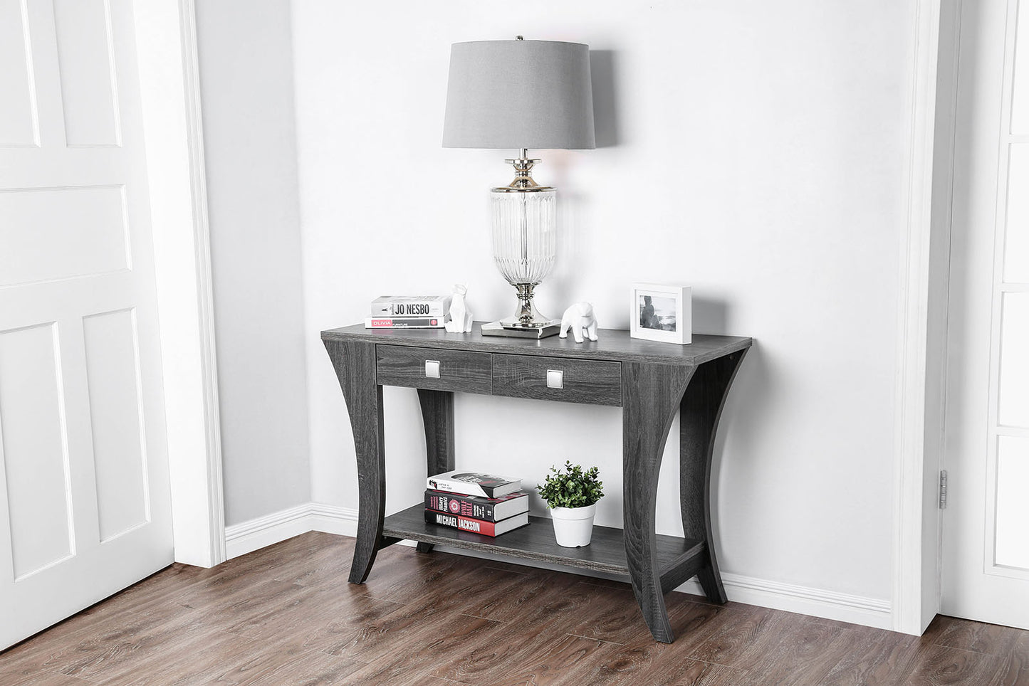 Two Drawers Wooden Sofa Table With Bottom Shelf And Swooping Curled Legs, Gray By Benzara | Console Tables | Modishstore