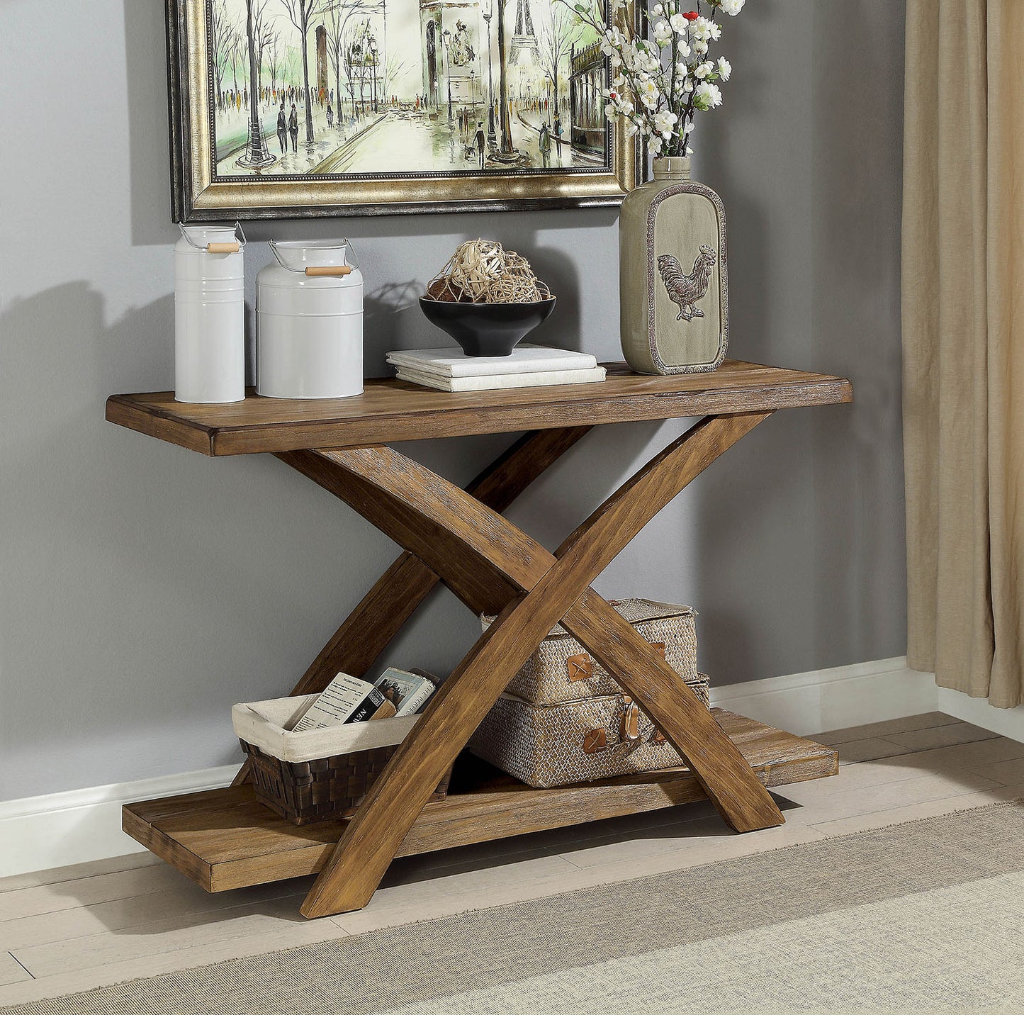 Wooden Sofa Table With Open Bottom Shelf And X-Shaped Base, Antique Light Oak Brown By Benzara | Console Tables | Modishstore