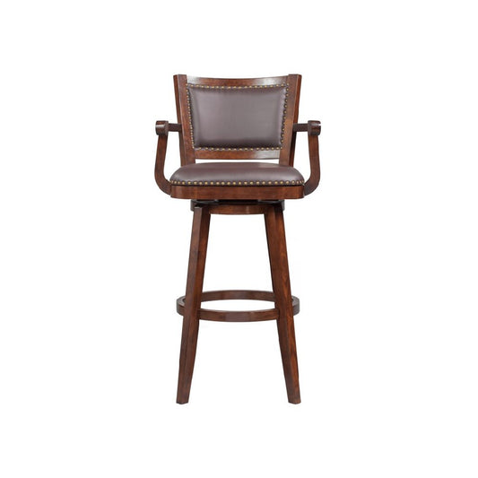 Nailhead Trim Faux Leather Upholstered Barstool With Wooden Arms, Dark Brown By Benzara | Bar Stools & Tables | Modishstore