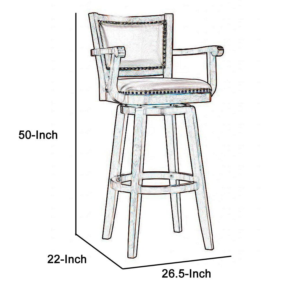 Nailhead Trim Faux Leather Upholstered Barstool With Wooden Arms, Dark Brown By Benzara | Bar Stools & Tables | Modishstore - 5