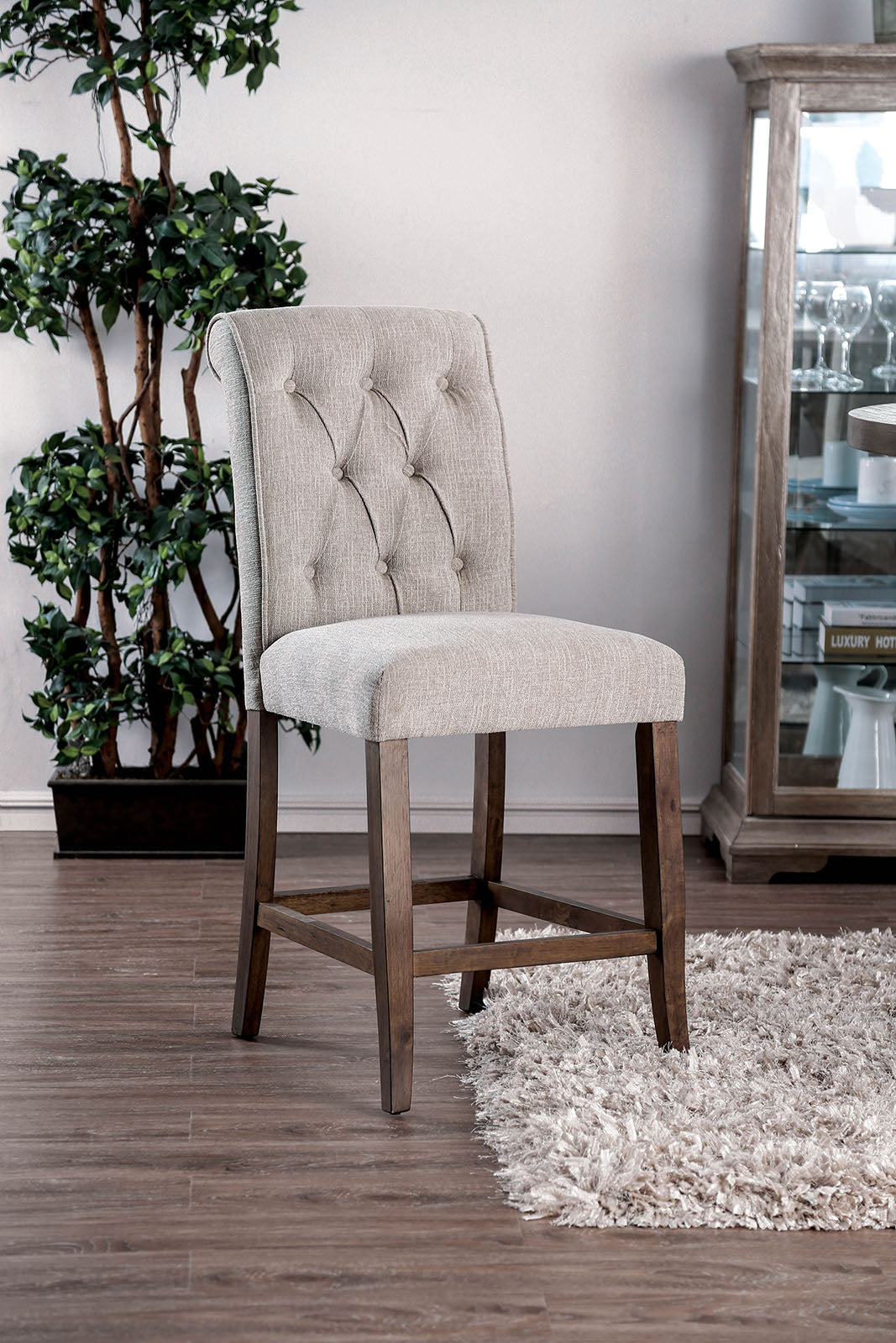 Wooden Fabric Upholstered Counter Height Chair, Cream And Brown, Pack Of Two By Benzara | Dining Chairs | Modishstore