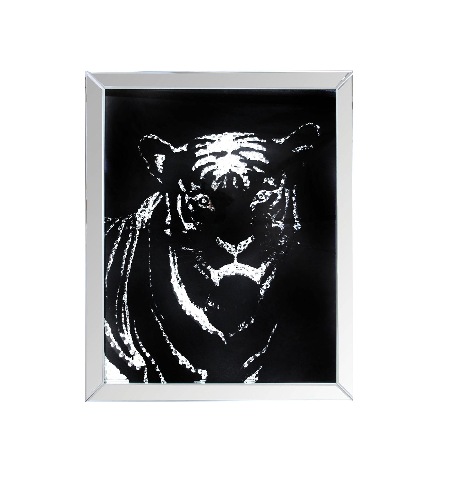 Rectangular Mirror Framed Tiger Walldecor With Crystal Inlays, Black & Silver By Benzara | Wall Decor | Modishstore