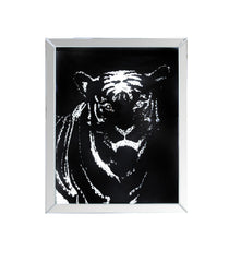 Rectangular Mirror Framed Tiger Walldecor With Crystal Inlays, Black & Silver By Benzara