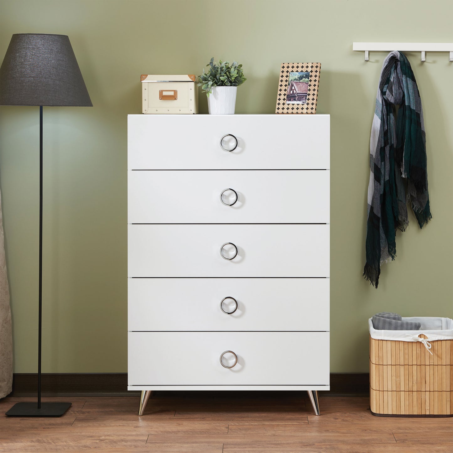 Five Drawers Wooden Chest In Contemporary Style, White By Benzara | Drawers | Modishstore