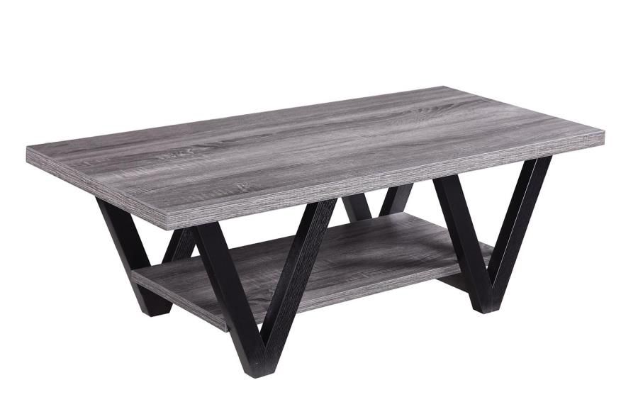 Zigzag Contemporary Solid Wooden Coffee Table With Bottom Shelf, Gray And Black By Benzara | Coffee Tables | Modishstore