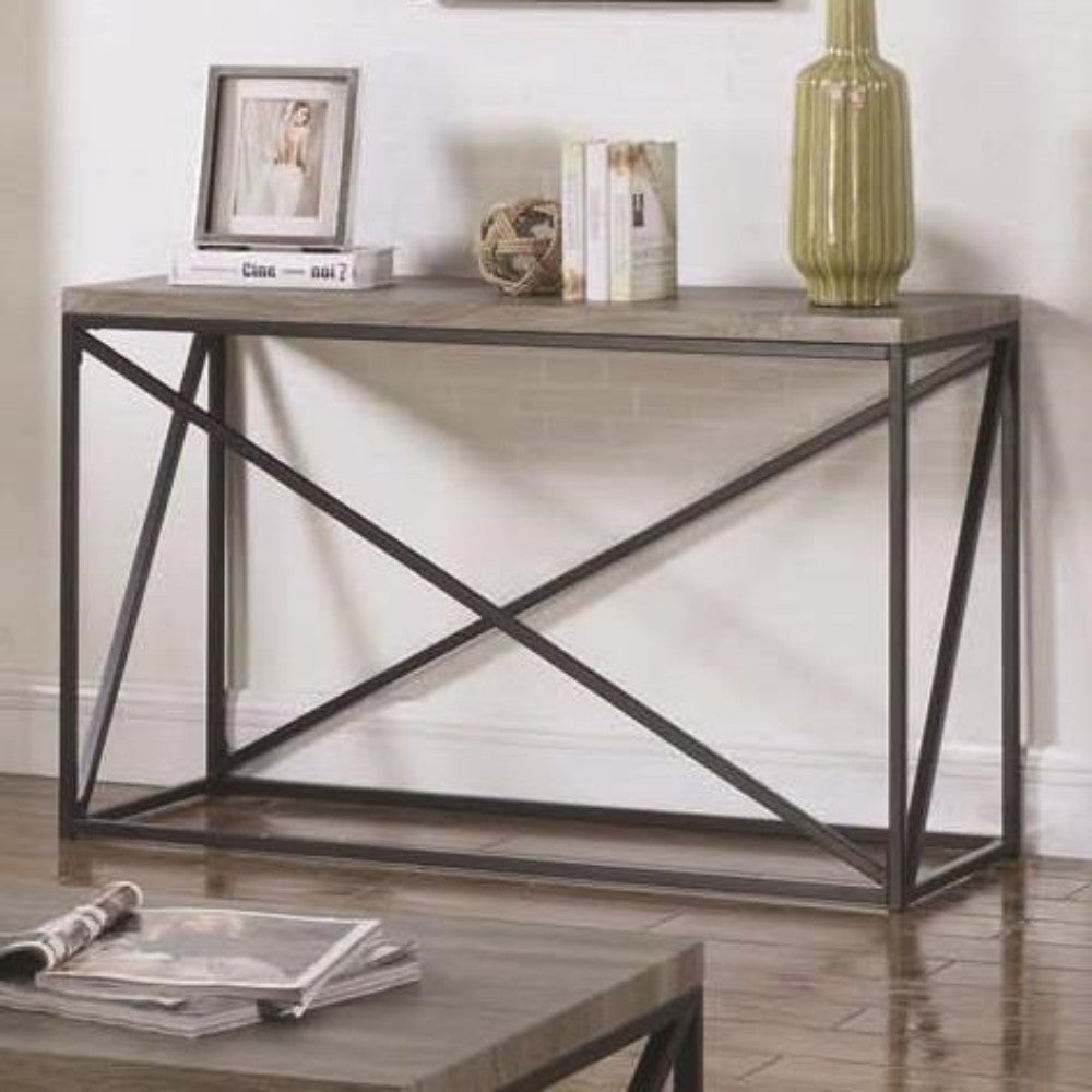 Industrial Style Minimal Sofa Table With Wooden Top And Metallic Base, Gray By Benzara | Console Tables | Modishstore