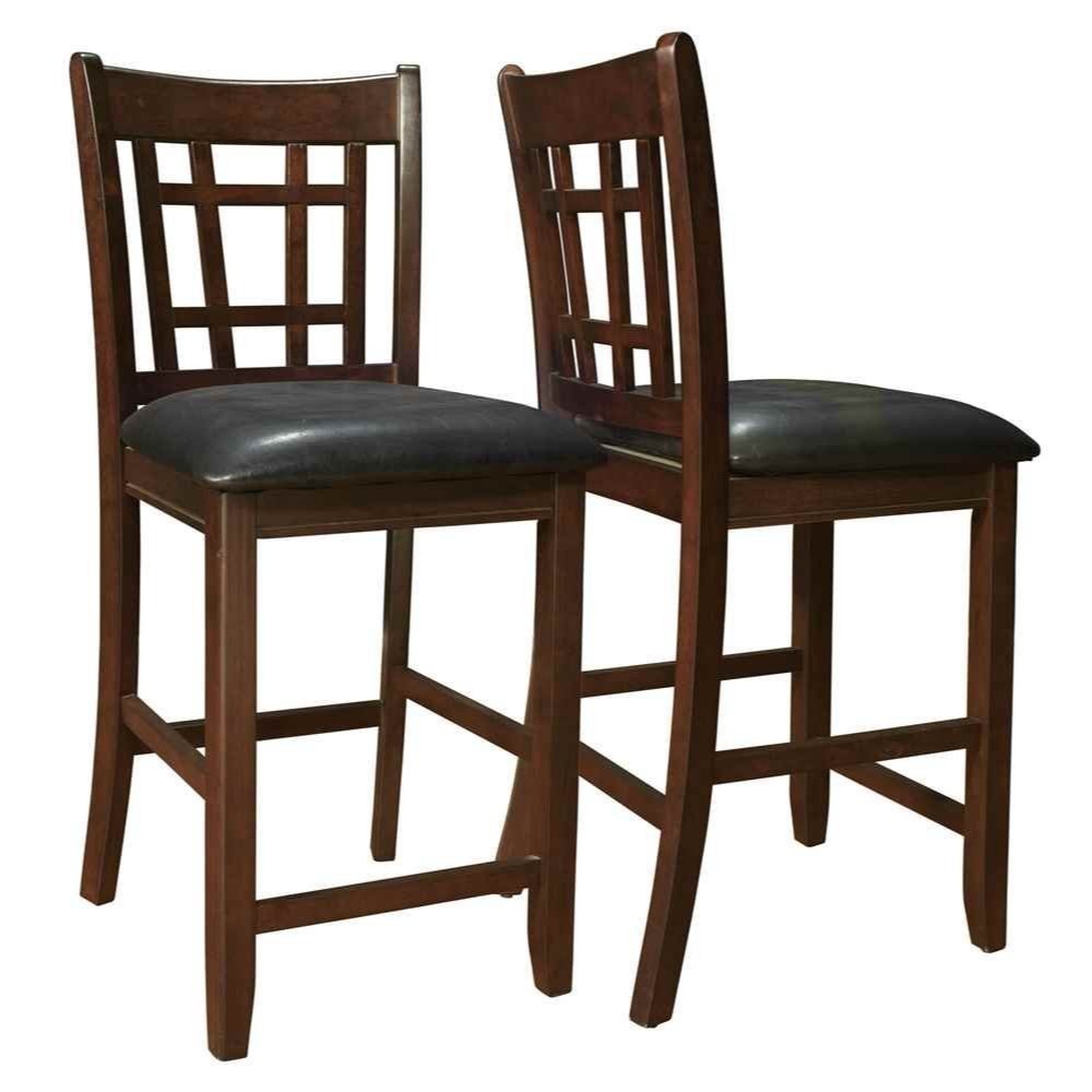 Lattice Back 24" Wooden Counter Height Chair With Leatherette Seat, Set Of 2, Brown And Black By Benzara | Dining Chairs | Modishstore