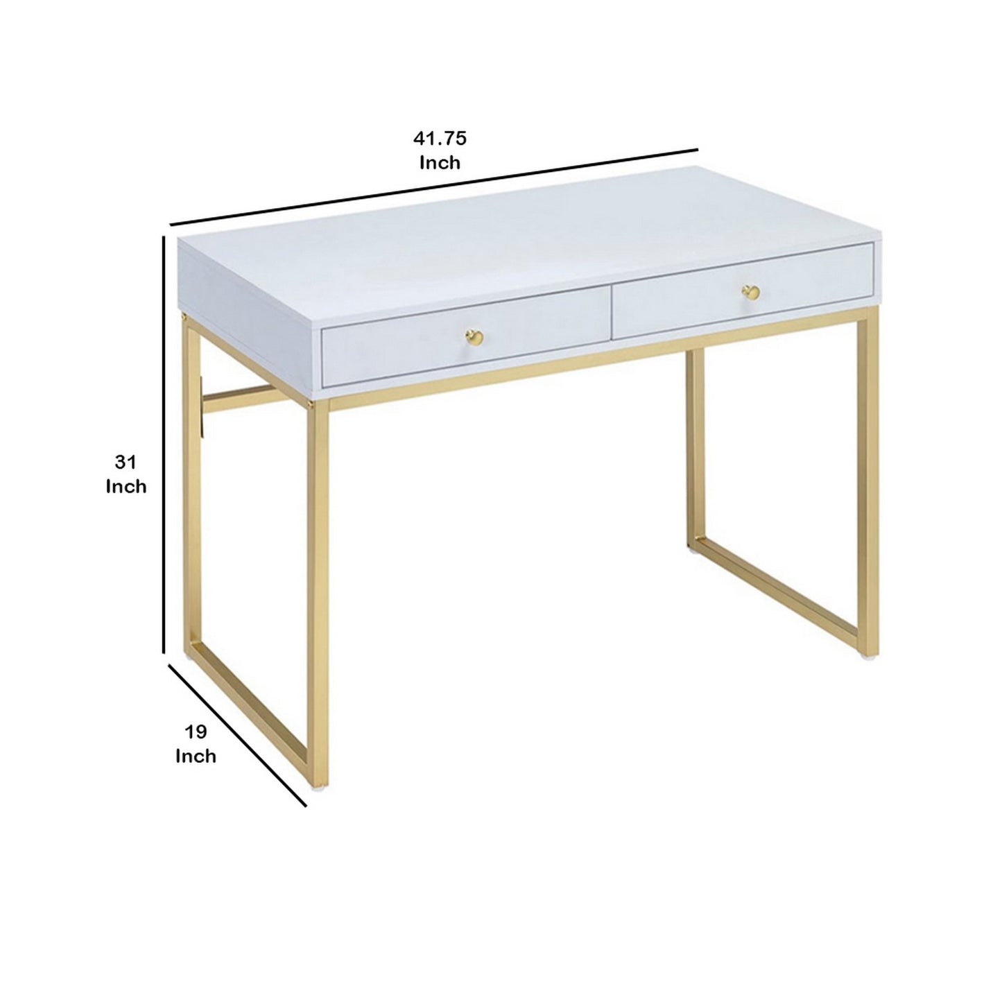 2 Drawer Wooden Desk With Sled Base, White And Gold By Benzara | Desks | Modishstore - 5