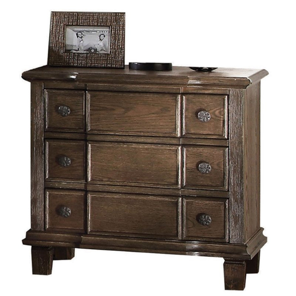 Three Drawer Nightstand With Round Knobs Side Metal Glide In Weathered Oak Finish By Benzara | Nightstands | Modishstore