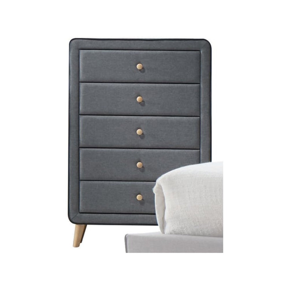 Transitional Style Wood And Fabric Upholstery Chest With 5 Drawers, Gray By Benzara | Drawers | Modishstore
