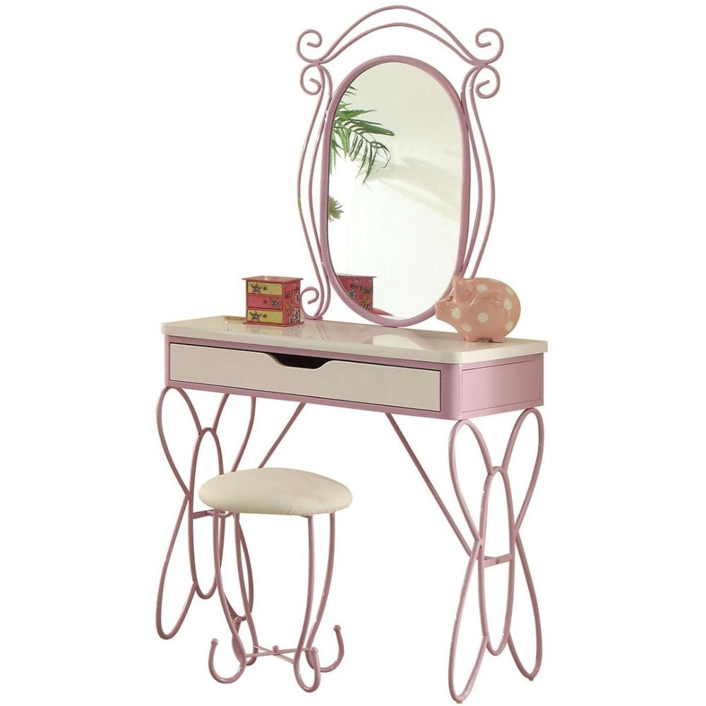 Contemporary Style Metal And Wood Vanity Set, White And Purple By Benzara | Bedroom Sets | Modishstore