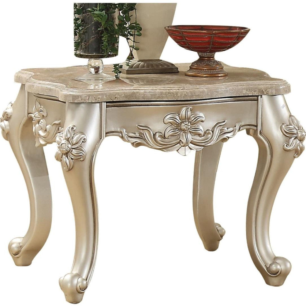 Marble Top End Table With Flower Motif Engraved Angular Wood Feet, Silver By Benzara | Side Tables | Modishstore