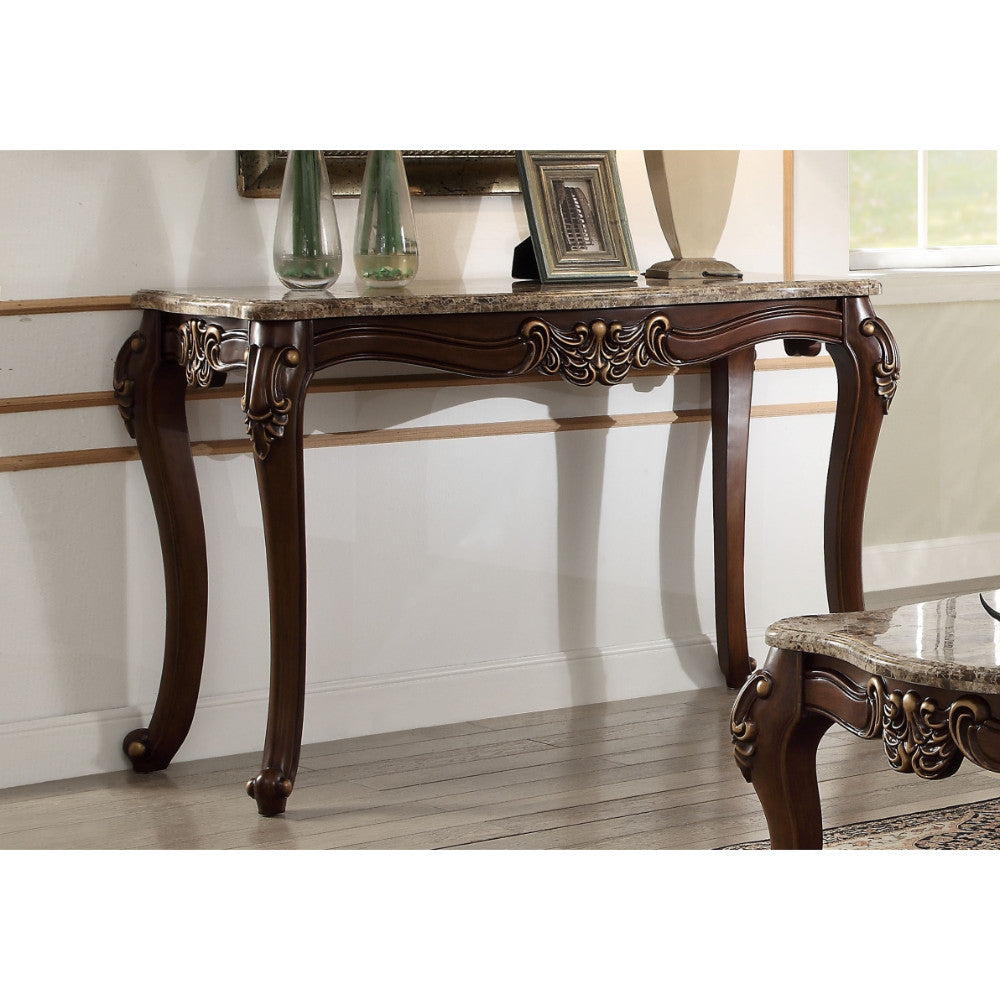 Marble Top Sofa Table With Carved Floral Motifs Wooden Feet, Brown By Benzara | Lounge Chairs | Modishstore