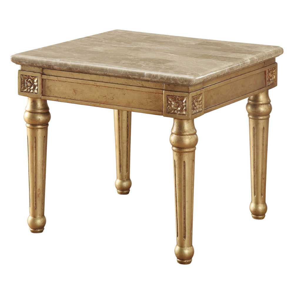 Marble Top End Table With Fluted Detail Wooden Turned Legs, Gold By Benzara | Side Tables | Modishstore